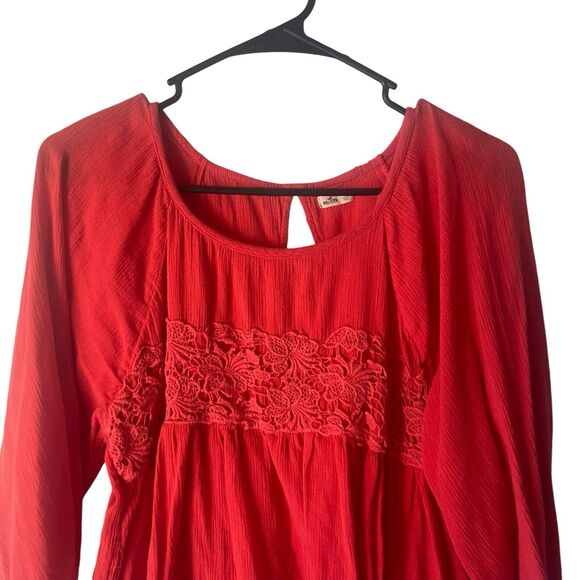 Hollister Y2k Women's Size‎ Small Red Boho Floral Long Sleeve Babydoll Top - Picture 2 of 9